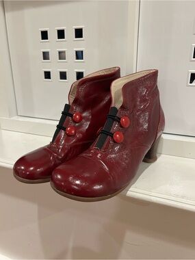 John Fluevog Red Leather Block Heel Ankle Boots